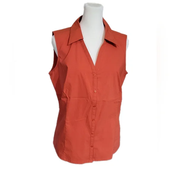 St John's Bay sleeveless button front, collared darted, burnt orange blouse Sz M - Picture 7 of 8